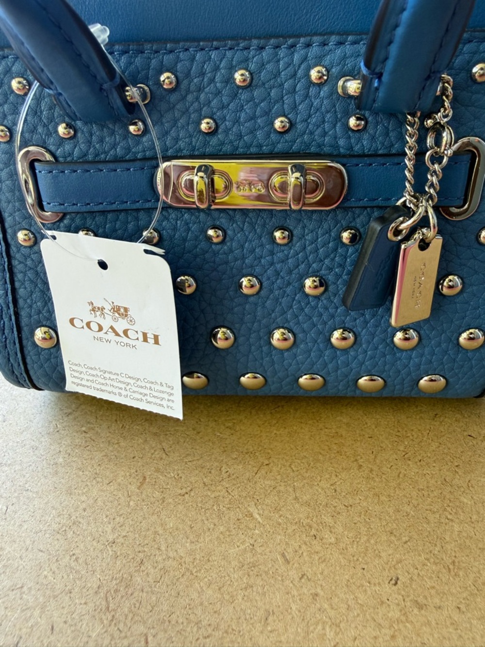 Coach Blue Studded Leather Rogue Satchel Silver Rivets NWT Crossbody Bag - Picture 2 of 15